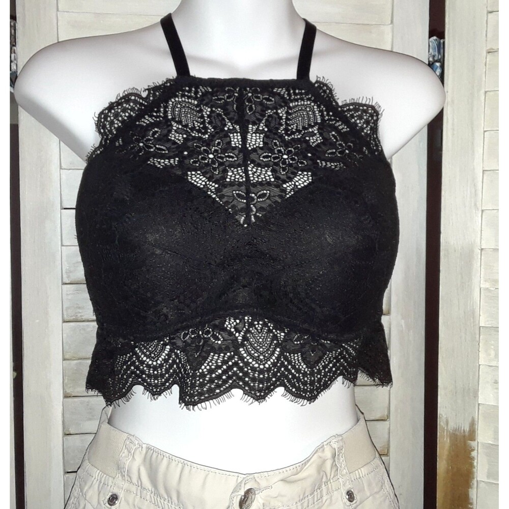 Pink Victoria's Secret Bralette Size S Padded High Neck Push-Up Lace Black